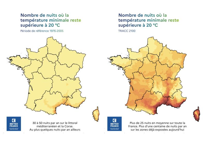 Cartes de France avec le nombre de nuits où la température minimale reste supérieure à 20 °C