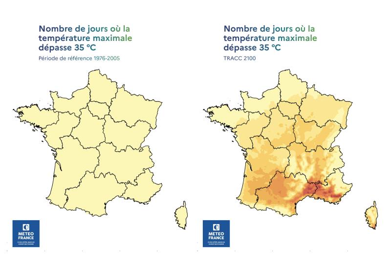 2 cartes de France métropolitaine illustrent le nombre de jours où la température maximale dépasse 35°C.
