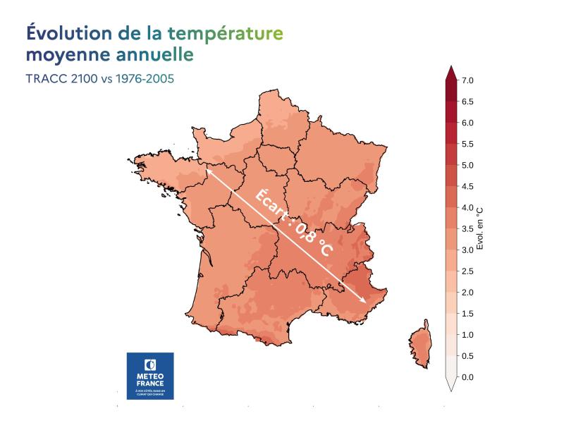 Carte de France hexagonale illustrant l'évolution de la température moyenne annuelle en TRACC 2100 par rapport à la période 1976-2005.