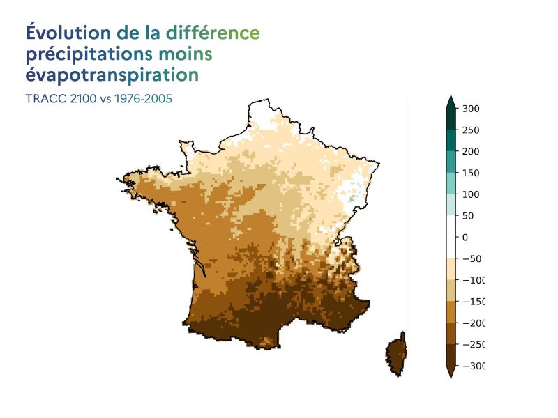 Carte Evolution de la différence précipitations moins évapotranspiration TRACC 2100 vs 1976-2005